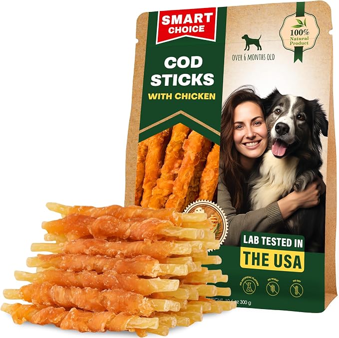 Dog Treats Rawhide - Free Cod Sticks Chicken Wrapped 10.6 oz - All Natural & Grain Free Long Lasting Chews for Large & Small Dogs - Dried Pet Snacks - Support Healthy Teeth & Skin Coat