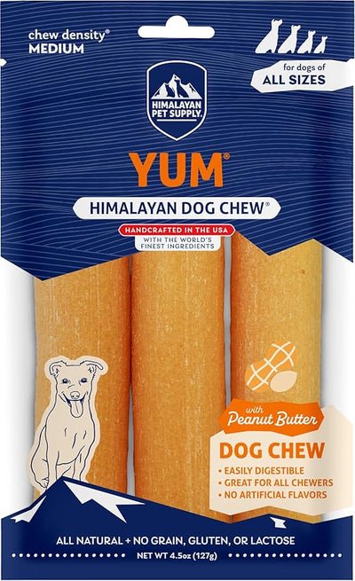 Himalayan Dog Chew Yak Cheese Dog Chews, Lactose Free & Grain Free, USA Made, For All Dog Breeds, Medium Density Cheese Chew, Resealable Pouch with 3 YUM Treats, Peanut Butter Flavor