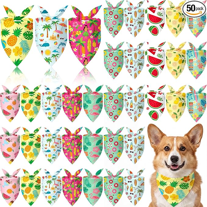 50 Pcs Summer Bandanas Bulk for Dogs Kerchief Bibs Scarves with Beach, Fruit, Hawaii Ice Cream Luau Aloha Rainbow Pool for Small Medium Large Grooming Accessories(19.7 x 13.8 x 13.8 Inch)