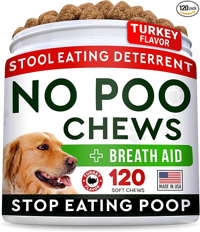 No Poo Chews for Dogs - Coprophagia & Stool Eating Deterrent with Probiotics, Digestive Enzymes & Breath Aid Support - Stop Dog Poop Eating (120Ct, Turkey)