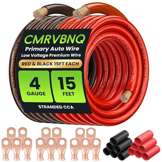 4 Gauge Battery Cable CCA Wire Kit, 15ft Each Red Black with Terminals Heat Shrink Tubes Low Voltage Primary Automotive Power Ground Cable for Car Audio Amp Subwoofer RV Wiring