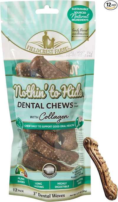 Fieldcrest Farms Dental Chews for Dogs, Wave (3inches, 12count Pack) – Tackles Plaque, Tartar, Promotes Dental Health – w/Collagen, Gluten-Free, for Aggressive Chewers up to 15lbs