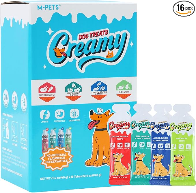 Creamy Lickable Dog Treats, 4 Flavor Variety Pack, 16 Tubes Squeeze Up Soft Dog Snacks for Puppies & Seniors, Reward Training or Food Topper,Low-Calorie Grain Free Puree for Joint & Digestive Health