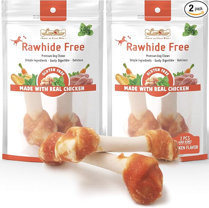 LuvChew Premium Dog Bones, Made with Real Chicken & Wholesome Vegetables, Rawhide Alternative, Large 2pcs/Pack x2packs