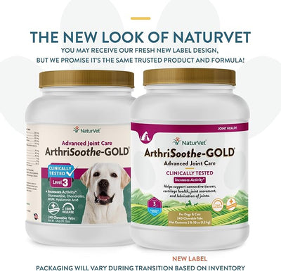 NaturVet Clinically Tested ArthriSoothe-Gold Level 3 Advanced Joint Care for Dogs and Cats, 240 ct Time Release, ChewableTablets, Made in USA