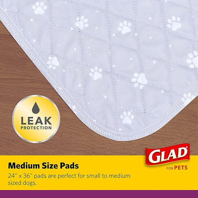 Glad for Pets Washable Dog Pee Pads, Medium, 24 x 36 Inch, 2 Count, Gray with Paw Prints, 3-Layer Leak Protection, No-Slip Vinyl Bottom, Reusable Puppy Training Pads