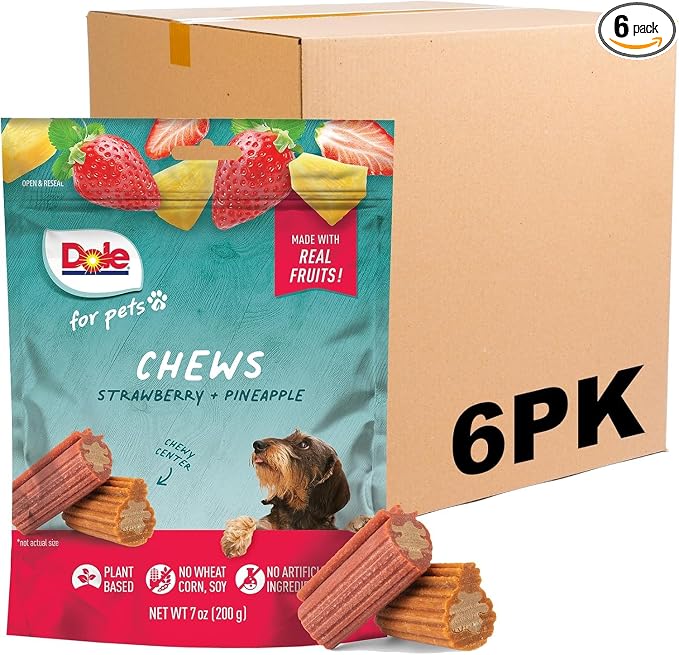 Dole for Pets Dog Chews, Assorted Strawberry and Pineapple Fruit-Flavored Treats, Real Fruit Flavor, No Artificial Preservatives, No Wheat Corn Soy, 7.05 Oz, 6 Pack