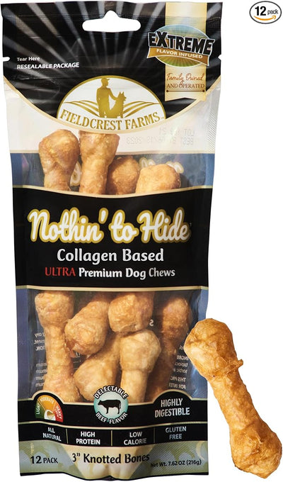 Fieldcrest Farms Nothin' to Hide 3 inch Ultra Knotted Bone Treats - Natural Rawhide Alternative Treats for Dogs, Collagen Based Snack for Heavy Chewers up to 15lbs - Beef Flavor, 12 Pack