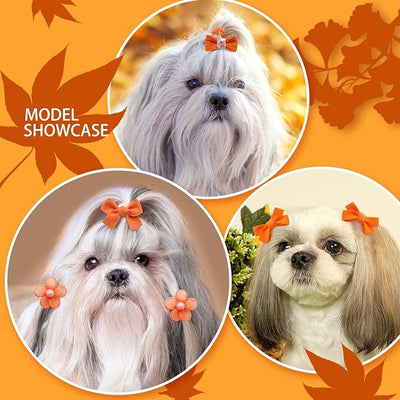Mruq Small Dog Hair Bows with Rubber Bands, Mix Handmade Cute Puppy Gooming Flower Ball Bows for Holiday Daily Accessories (Orange-A326)