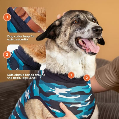 Suitical Recovery Suit for Dogs - Spay & Neutering Dog Surgery Recovery Suit for Male or Female - Soft Fabric for Skin Conditions - 2XS Neck to Tail 13.0-16.6 Inch - Chest 16-20 Inch - Blue Camouflage