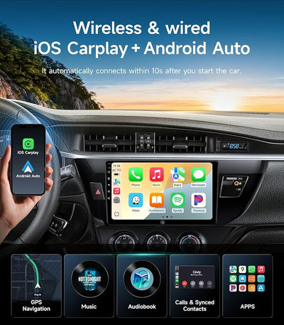 Car Radio Stereo for Toyota Corolla 14-16, Wireless CarPlay Android Auto | 10.2 Inch IPS HD touchscreen, 64G storage, 5G WiFi GPS, Bluetooth FM AM SWC, plug-and-play, 1080P backup camera