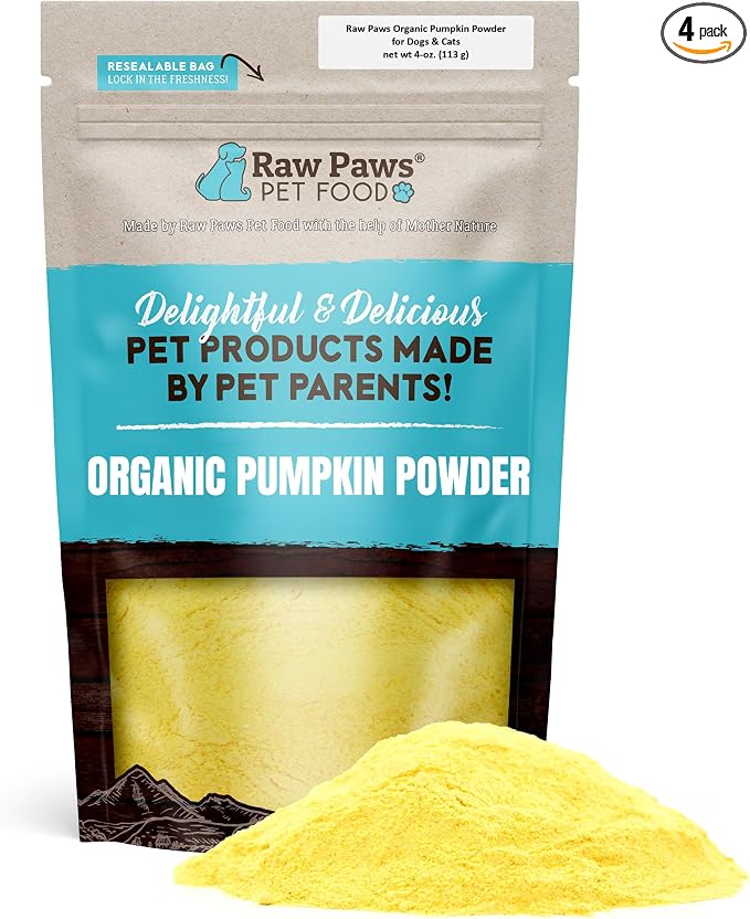 Raw Paws Organic Pumpkin Powder for Dogs & Cats 4-Ounce - Fiber Digestion | Supplement - Firm Stool - Anal Gland Support - Food Topper Sprinkles - Made in USA - Anti-Scoot - Vegan Gravy - Meal Booster