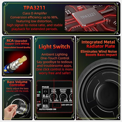 1600W 10" Slim Under Seat Subwoofers with Built-in Amp | LED Ambient Light, Deep Bass, Individual Controls (LPF/Gain/Bass Boost), High Output Distortion-Free Audio, Suitable for All Vehicle Models