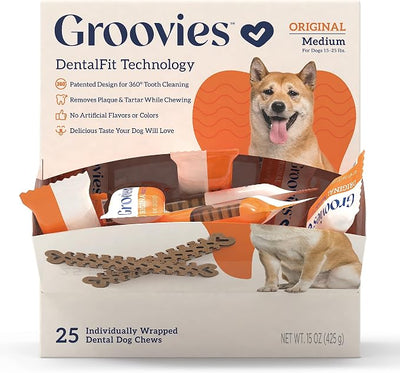Groovies Dog Dental Treats, Flexible Yet Effective, Patented DentalFit Technology to Help Control Tartar & Freshen Breath, Medium Dog Chews (15-25 lbs), USA Manufactured Oral Care, 25 Count