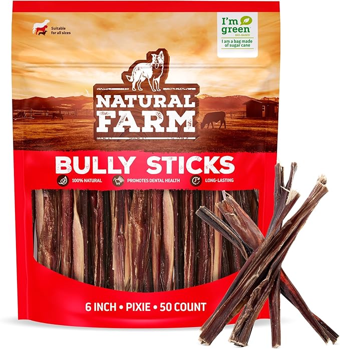 Pixie Bully Sticks (6 Inch, 50 Pack), Thin Pizzle Beef Treats, Grain-Free, High Protein, Best Rawhide Alternative for Small, Puppies or Senior Dogs