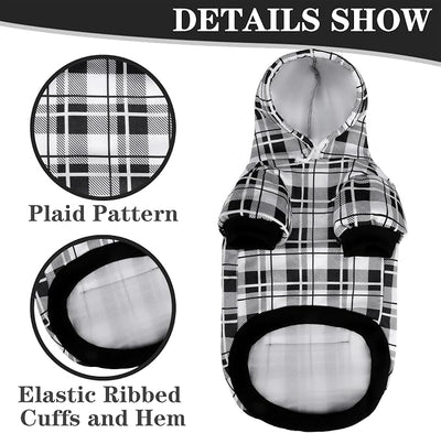 EXPAWLORER Plaid Dog Hoodie - British Style Warm Dog Sweater Shirt with Leash Hole,Pitbull Clothes Outfits,Winter Coat Apparel for All Breeds Puppy Girl Boy-Cat Apparel,Black & White X-Small
