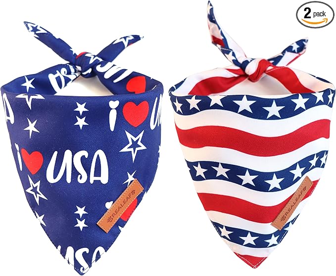 4th of July Bandanas 2 Pack, Triangle Reversible American Flag Pet Patriotic Scarf for Boy and Girl, Premium Durable Fabric, USA Bandana for Medium and Large Dogs (Large)