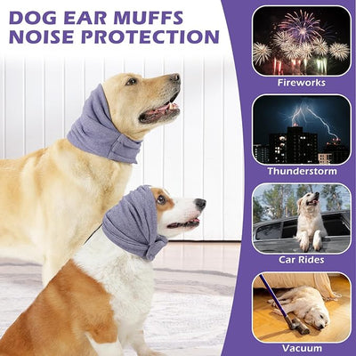 Dog Ear Cover, Comfort Dogs Hoodie for Anxiety, Adjustable Ear Wraps Muffs for Noise Protection, Purple L