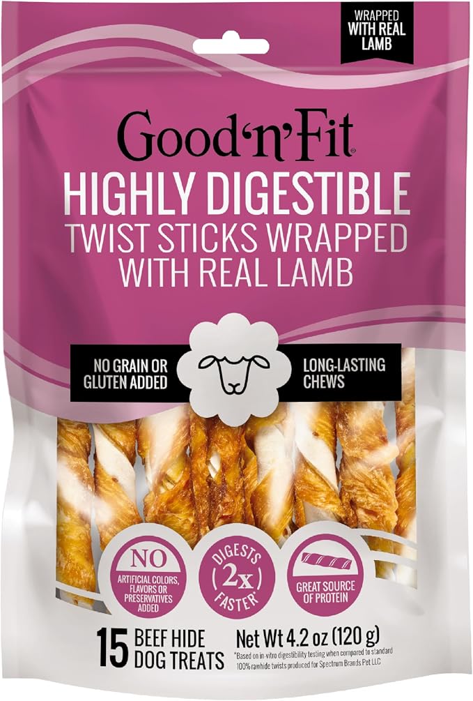 Good n' Fit Twist Sticks Made with Real Lamb, 15 Count, Treat Your Dog to Long-Lasting and Highly Digestible Rawhide Chews