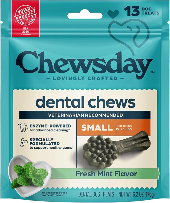 Fresh Mint Flavor Dental Chews, Small Dog Treats, Healthier Teeth and Fresher Breath, Enzyme Powered for Advanced Cleaning, Made in the USA, 13 Count
