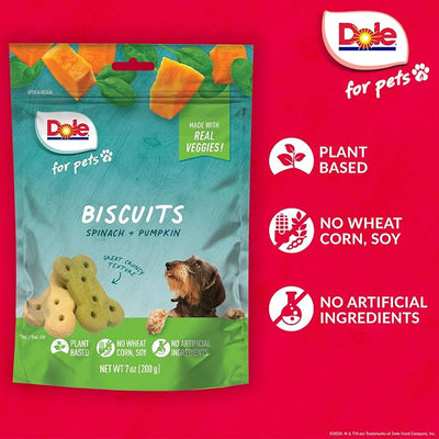 Dole for Pets Dog Biscuits Spinach and Pumpkin Flavor Vegan Crunchy Treats No Wheat Corn Soy No Artificial Additives Bite Size Training Snacks 7 OZ 6 Pack for All Breeds Daily Reward Routine