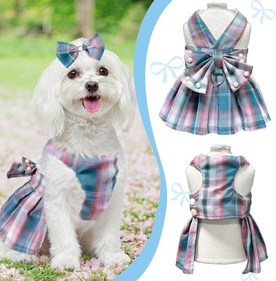 Dog Dress Bowknot Harness Leash Set for Small Dogs Girl Cute Plaid Dog Dress Pearls Bow Tie Spring Summer Princess Clothes Birthday Holiday Doggie Outfits for Puppy Cats Girl (Lake Blue, Medium)