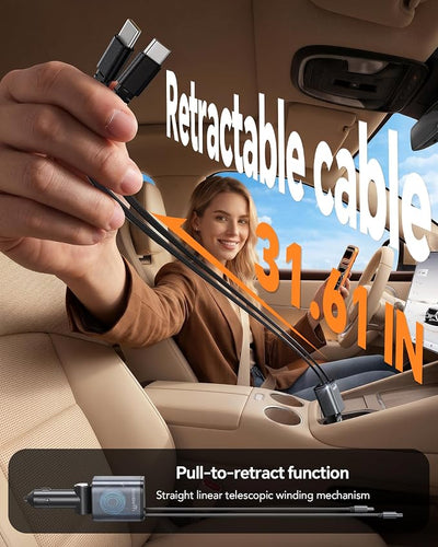 84W Retractable Car Charger,Car Phone Charger USB C Fast Charge for iPhone | EloBeth Car Charger,Cigarette Lighter USB Charger Car Accessories,Road Trip Essentials Gift for Men,for iPhone 17/16,Galaxy