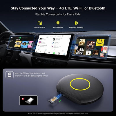 Wireless CarPlay&Android Auto Adapter Magic AI Box with 4G LTE | 8GB+128GB, GPS, Full Android OS, Gemini 3.0, Compatible with Wired Factory CarPlay&Android Auto, Support for YouTube/Netflix