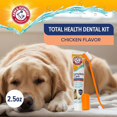 Arm & Hammer Complete Care Dog Dental Kit Enzymatic Toothpaste 2.5 OZ Chicken Flavor Toothbrush Finger Brush Tartar Baking Soda Formula