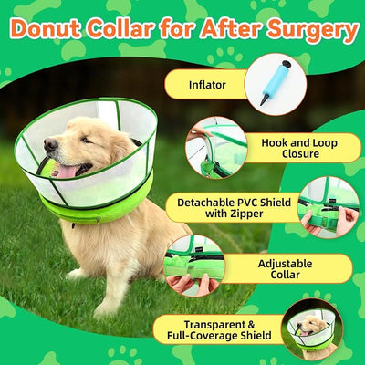 Upgraded Inflatable Dog Cone Collar with Transparent Anti-Licking Shield, Adjustable Elizabethan Collar for Medium Large Dogs, 2-in-1 Design with Detachable Shield and Soft Padding (L, Lime)