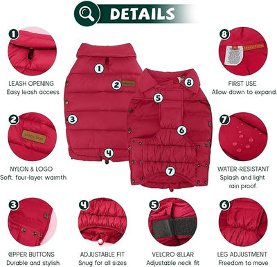 SPACE LION Dog Puffer Jacket, Down Winter Coat, Durable Outdoor Coat for Cold and Windy Conditions, Lightweight & Adjustable Fit Coats for Medium & Large Dogs, (Red, Size20/XL)