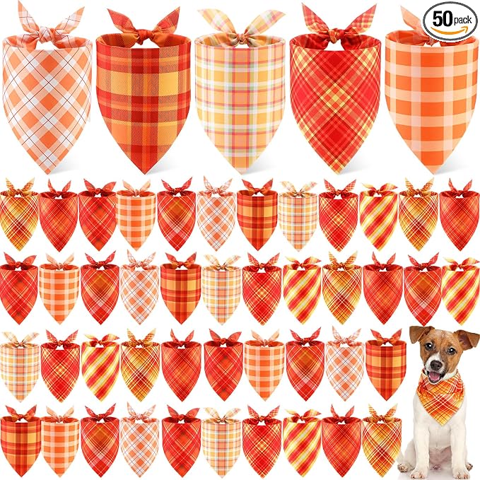 50 Pcs Thanksgiving Fall Dog Bandanas Bulk Plaid Bandanas for Dogs Autumn Soft Doggie Bibs Triangle Scarves for Small Medium Large Pet Costume(Plaid Pattern, 25.6 x 17.7 x 17.7 Inch)