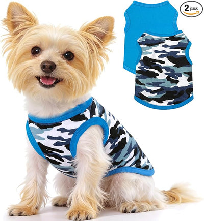 2 Pack Dog Shirts for Small Dogs Girl Boy Camouflage Puppy Clothes Pet T Shirts Dog Clothes for Small Dogs Cats Apparel (Blue Camouflage + Solid Color, XXS)
