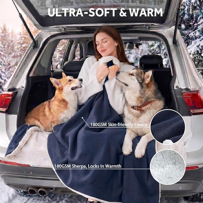 Sealy 12-Volt Heated Car Blanket with 2 USB Output Ports, 3 Heating Levels & 4 Hours Auto Off, Electric Blanket for Car, Truck, SUV, RV or Camping, Machine Washable, 59" X 43", Navy