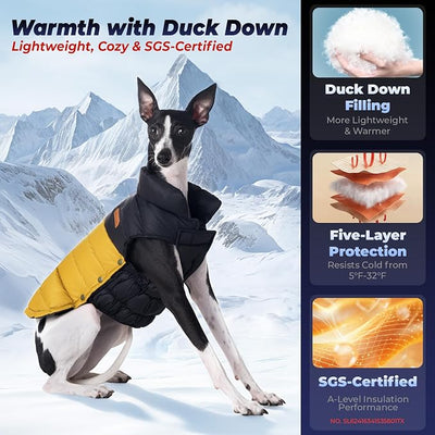 SPACE LION Dog Puffer Jacket, Down Winter Coat, Durable Outdoor Coat for Cold and Windy Conditions, Lightweight & Adjustable Fit Coats for Medium & Large Dogs,(BlackKhaki, Size18/L+)