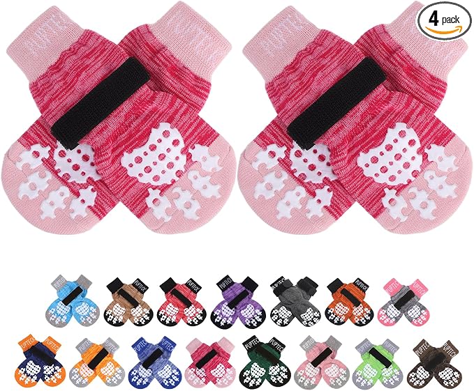PUPTECK Anti-Slip Dog Socks with Double Sides Grips for Small Medium Large Dogs Hardwood Floors Prevents Licking, Dog Shoes for Hot Pavement Traction Control for Senior Dogs, Fuschia, M