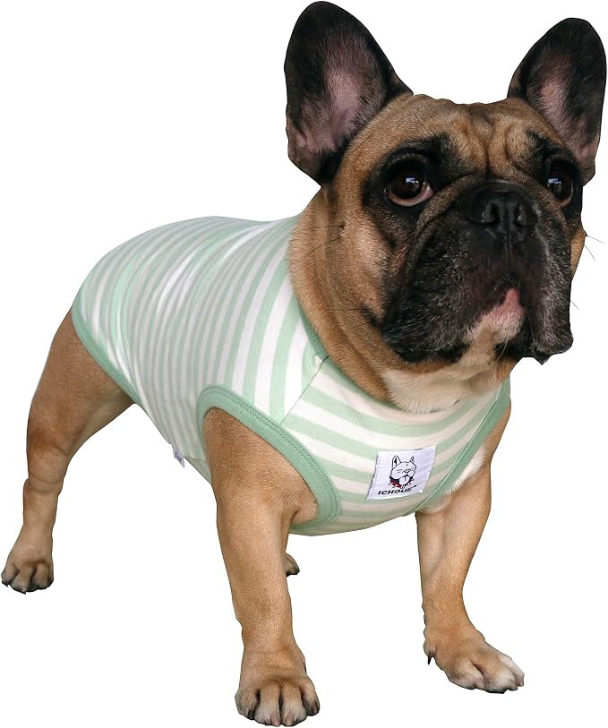 iChoue French Bulldog 100% Breathable Cotton Striped T Shirts Halloween Vest Clothes for Medium Dogs Tank Tops Puppy Frenchie Pug English Boston Terrier Pitbull Green White Stripes - Large Plus