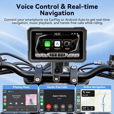 5" Motorcycle Carplay Screen with Dual Dash Cam – Wireless Apple Carplay & Android Auto, 1080P Front & Rear HD Camera, Bluetooth, IP67 Waterproof, Voice Control (Siri/Google)