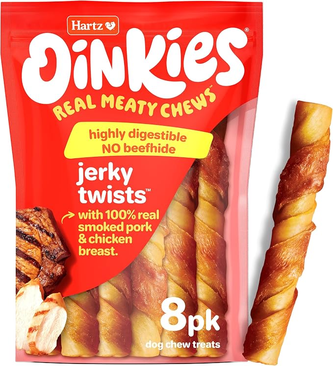 Oinkies Jerky Twists with Naturally Smoked Pork & Real Chicken Breast Dog Treats, Highly Digestible Long Lasting Dog Chews, 8 Count