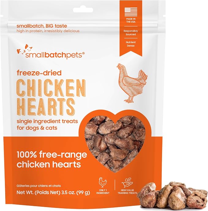 Premium Freeze-Dried Chicken Heart Treats for Dogs and Cats, 3.5 oz, Made and Sourced in The USA, Single Ingredient, Humanely Raised Meat, No Preservatives or Anything Artificial Ever