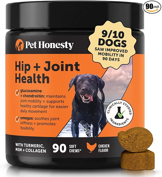 Hip + Joint Supplement for Dogs with Glucosamine Chondroitin - MSM, Turmeric & Collagen Soft Chews - Joint Function, Stiffness, and Mobility Support, May Reduce Occasional Discomfort (Chicken, 90 Ct)