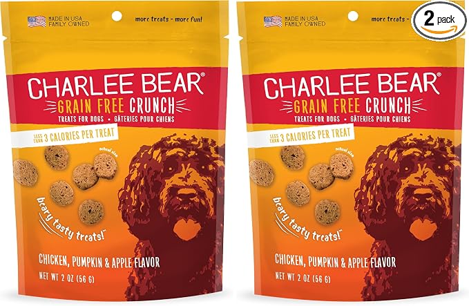 Charlee Bear Crunch Grain Free Dog Treats, Chicken, Pumpkin and Apple, 2 Ounce Resealable Bag, Low Calorie Training Treats for Dogs, Limited Ingredient, Healthy, Crunchy Dog Snacks, Made in USA