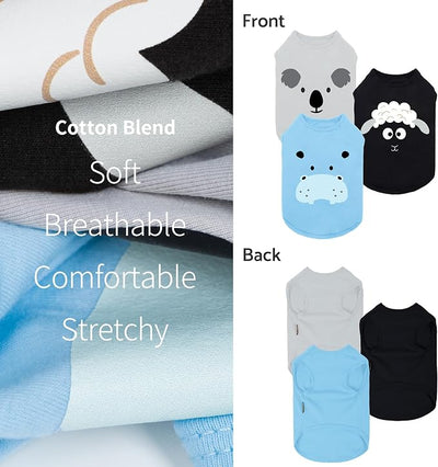Fitwarm 3 Pack Hippo Sheep Koala Dog Shirt, Summer Clothes for Small Dogs Boy Girls, Funny Pet Outfit, Black, White, Gray, Blue, XL