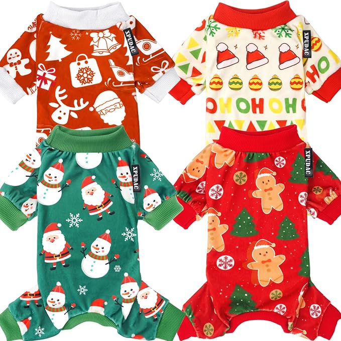 XPUDAC 4 Pieces Dog Christmas Pajamas Santa Pet Doggie Clothes Cute Dog Pajamas Red Green Pjs, 5XL