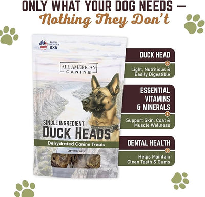 All American Canine 5 Natural Duck Head Dog Treats – Single Ingredient, Dehydrated & Digestible – Low-Fat, High-Protein Chew for Training & Dental Health – Made in USA