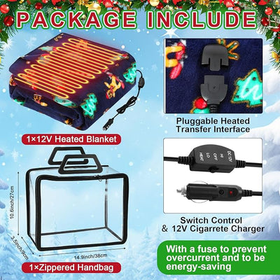Tuanse 58 x 43 Inches 12 Volt Heated Car Blanket Plug in Portable Car Electric Blanket with Cigarette Lighter, Temperature Controller and Storage Bag for Rv Truck Traveling(Black,Gingerbread Man)