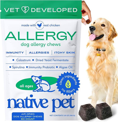 Native Pet Dog Allergy Chews - Dog Allergy Relief for Medium Breeds - Supports Seasonal Itch Relief, Healthy Immune Function & Reduces Sneezing - Colostrum, Spirulina, & Probiotics - 60 Days Supply