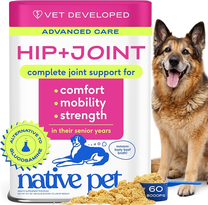 Hip & Joint Advanced Care Dog Joint Supplement Powder for Mobility & Movement Support, Joint Supplement for Dogs with HMB, UC-II Collagen, Green Lipped Mussel & Hyaluronic Acid – 60 Scoops