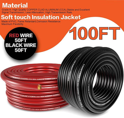 4 Gauge Wire (50ft Each - Red/Black) Copper Clad Aluminum CCA with Cable Cutter,Lugs Terminal Connectors and Heat Shrink Tube - Battery Power/Ground Cable,Car Audio Speaker,RV Trailer Amp Wiring kit