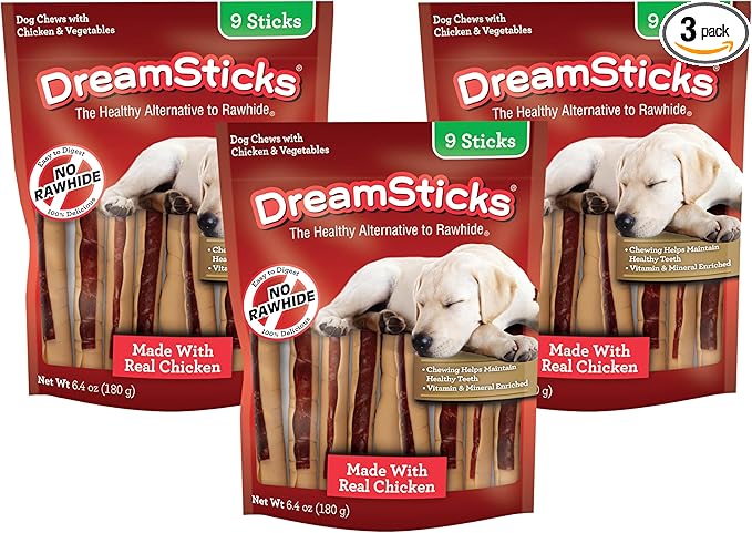 DreamSticks, Rawhide Free Dog Chew Sticks Made with Real Chicken and Vegetables, 9 Sticks (Pack of 3)
